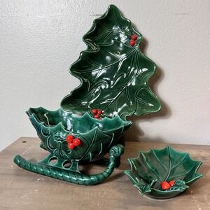Lefton Holly Sleigh Tree Centerpiece Set Christmas Ceramic 1971–72 Vintage‎ READ